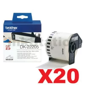 20 x Genuine Brother DK-22205 Black Text on White Continuous Paper Label Roll 62mm x 30.48m