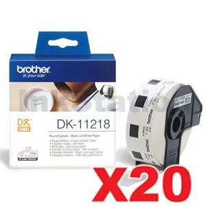 20 x Genuine Brother DK-11218 Black Text on White 24mm Diameter Die-Cut Paper Label Roll - 1000 labels per roll