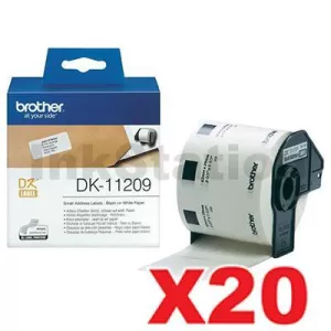 20 x Genuine Brother DK-11209 Black Text on White Die-Cut Paper Label Roll 29mm x 62mm - 800 labels per roll