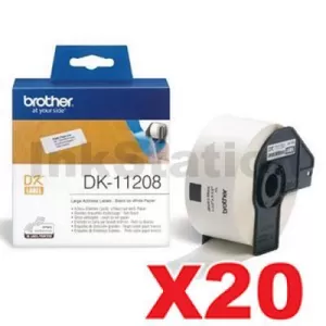 20 x Genuine Brother DK-11208 Black Text on White Die-Cut Paper Label Roll 38mm x 90mm  - 400 labels per roll