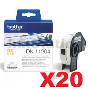 20 x Genuine Brother DK-11204 Black Text on White Die-Cut Paper Label Roll 17mm x 54mm - 400 labels per roll