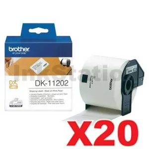 20 x Genuine Brother DK-11202 Black Text on White Die-Cut Paper Label Roll 62mm x 100mm - 300 labels per roll