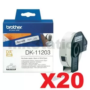 20 x Genuine Brother DK-11203 Black Text on White Die-Cut Paper Label Roll 17mm x 87mm - 300 labels per roll