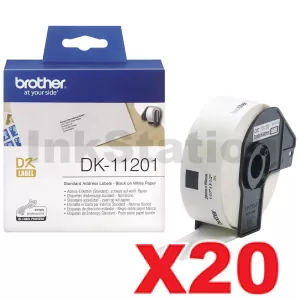 20 x Genuine Brother DK-11201 Black Text on White 29mm x 90mm Die-Cut Paper Label Roll - 400 labels per roll