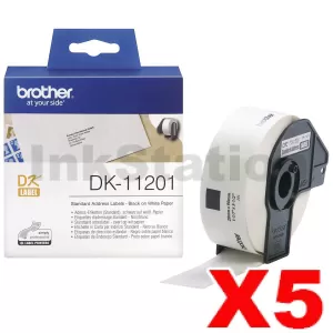 5 x Genuine Brother DK-11201 Black Text on White 29mm x 90mm Die-Cut Paper Label Roll - 400 labels per roll
