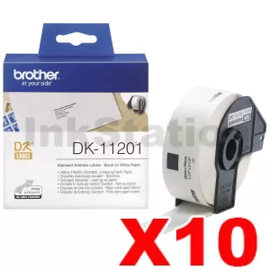10 x Genuine Brother DK-11201 Black Text on White 29mm x 90mm Die-Cut Paper Label Roll - 400 labels per roll