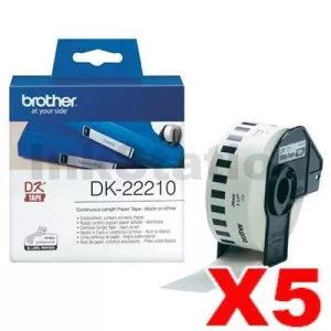 5 x Genuine Brother DK-22210 Black Text on White Continuous Paper Label Roll 29mm x 30.48m