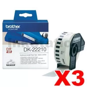 3 x Genuine Brother DK-22210 Black Text on White Continuous Paper Label Roll 29mm x 30.48m