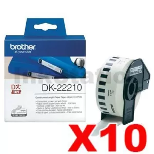 10 x Genuine Brother DK-22210 Black Text on White Continuous Paper Label Roll 29mm x 30.48m