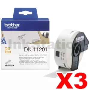 3 x Genuine Brother DK-11201 Black Text on White 29mm x 90mm Die-Cut Paper Label Roll - 400 labels per roll