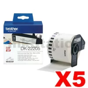 5 x Genuine Brother DK-22205 Black Text on White Continuous Paper Label Roll 62mm x 30.48m