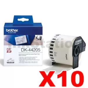 10 x Genuine Brother DK-44205 Removable Black Text on White Continuous Paper Label Roll 62mm x 30.48m