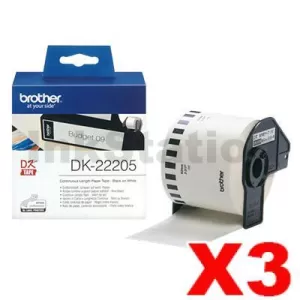 3 x Genuine Brother DK-22205 Black Text on White Continuous Paper Label Roll 62mm x 30.48m
