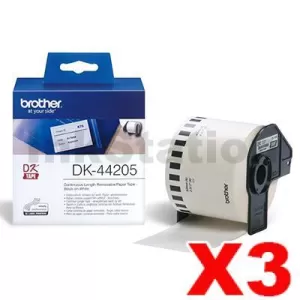 3 x Genuine Brother DK-44205 Removable Black Text on White Continuous Paper Label Roll 62mm x 30.48m