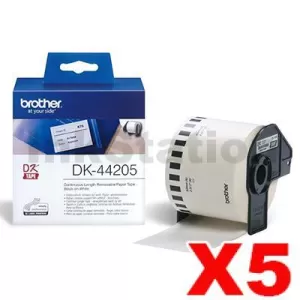 5 x Genuine Brother DK-44205 Removable Black Text on White Continuous Paper Label Roll 62mm x 30.48m