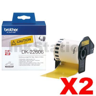 Brother 2 x DK-22606 Genuine Black Text on Yellow Continuous Film Label ...