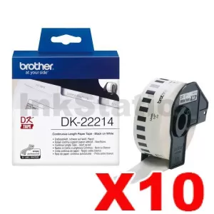 10 x Genuine Brother DK-22214 Black Text on White Continuous Paper Label Roll 12mm x 30.48m