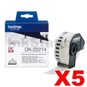 5 x Genuine Brother DK-22214 Black Text on White Continuous Paper Label Roll 12mm x 30.48m