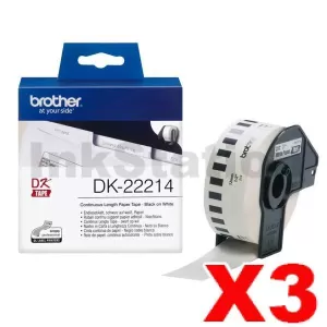 3 x Genuine Brother DK-22214 Black Text on White Continuous Paper Label Roll 12mm x 30.48m