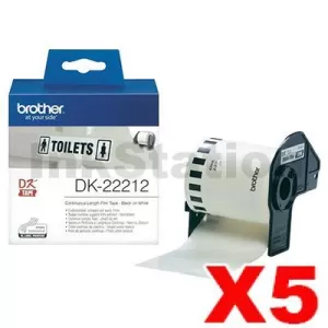5 x Genuine Brother DK-22212 Black Text on White Continuous Film Label Roll 62mm x 15.24m