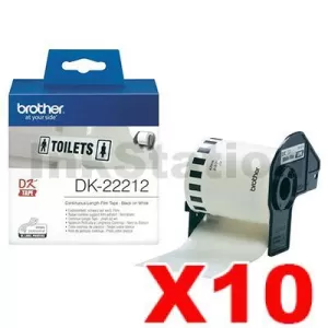 10 x Genuine Brother DK-22212 Black Text on White Continuous Film Label Roll 62mm x 15.24m