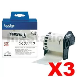 3 x Genuine Brother DK-22212 Black Text on White Continuous Film Label Roll 62mm x 15.24m