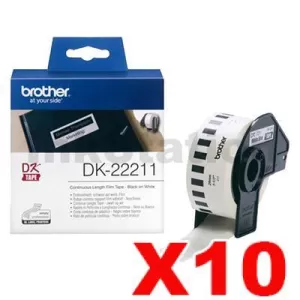 10 x Genuine Brother DK-22211 Black Text on White Continuous Film Label Roll 29mm x 15.24m