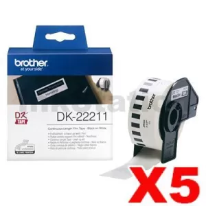 5 x Genuine Brother DK-22211 Black Text on White Continuous Film Label Roll 29mm x 15.24m