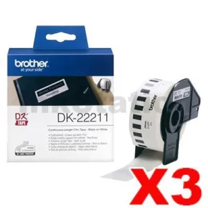 3 x Genuine Brother DK-22211 Black Text on White Continuous Film Label Roll 29mm x 15.24m