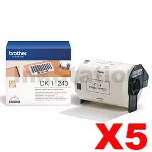 5 x Genuine Brother DK-11240 Black Text on White 102mm x 51mm Die-Cut Paper Label Roll - 600 labels per roll