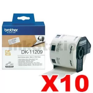 10 x Genuine Brother DK-11209 Black Text on White Die-Cut Paper Label Roll 29mm x 62mm - 800 labels per roll