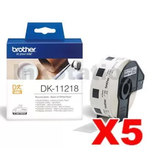 5 x Genuine Brother DK-11218 Black Text on White 24mm Diameter Die-Cut Paper Label Roll - 1000 labels per roll