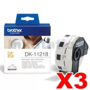 3 x Genuine Brother DK-11218 Black Text on White 24mm Diameter Die-Cut Paper Label Roll - 1000 labels per roll