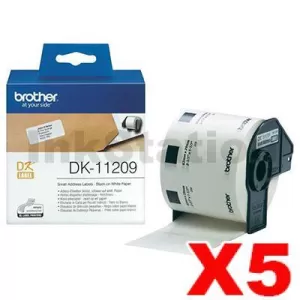 5 x Genuine Brother DK-11209 Black Text on White Die-Cut Paper Label Roll 29mm x 62mm - 800 labels per roll