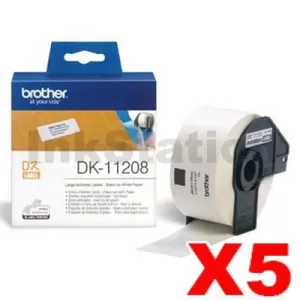 5 x Genuine Brother DK-11208 Black Text on White Die-Cut Paper Label Roll 38mm x 90mm  - 400 labels per roll