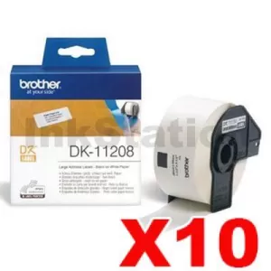 10 x Genuine Brother DK-11208 Black Text on White Die-Cut Paper Label Roll 38mm x 90mm  - 400 labels per roll