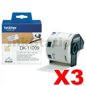 3 x Genuine Brother DK-11209 Black Text on White Die-Cut Paper Label Roll 29mm x 62mm - 800 labels per roll