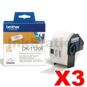 3 x Genuine Brother DK-11208 Black Text on White Die-Cut Paper Label Roll 38mm x 90mm  - 400 labels per roll