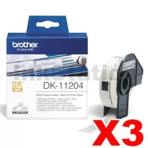 3 x Genuine Brother DK-11204 Black Text on White Die-Cut Paper Label Roll 17mm x 54mm - 400 labels per roll