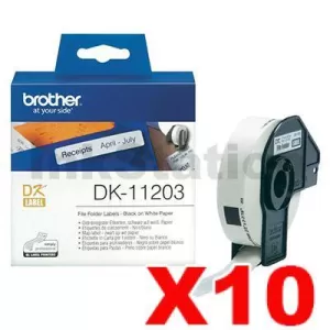 10 x Genuine Brother DK-11203 Black Text on White Die-Cut Paper Label Roll 17mm x 87mm - 300 labels per roll