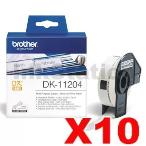 10 x Genuine Brother DK-11204 Black Text on White Die-Cut Paper Label Roll 17mm x 54mm - 400 labels per roll