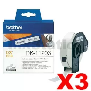 3 x Genuine Brother DK-11203 Black Text on White Die-Cut Paper Label Roll 17mm x 87mm - 300 labels per roll