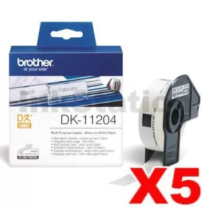 5 x Genuine Brother DK-11204 Black Text on White Die-Cut Paper Label Roll 17mm x 54mm - 400 labels per roll