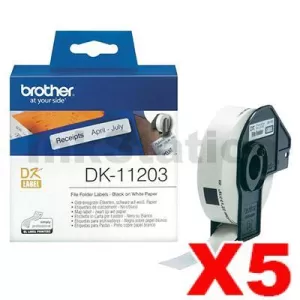 5 x Genuine Brother DK-11203 Black Text on White Die-Cut Paper Label Roll 17mm x 87mm - 300 labels per roll