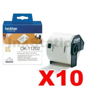 10 x Genuine Brother DK-11202 Black Text on White Die-Cut Paper Label Roll 62mm x 100mm - 300 labels per roll