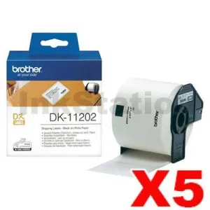 5 x Genuine Brother DK-11202 Black Text on White Die-Cut Paper Label Roll 62mm x 100mm - 300 labels per roll