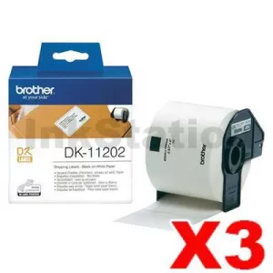 3 x Genuine Brother DK-11202 Black Text on White Die-Cut Paper Label Roll 62mm x 100mm - 300 labels per roll