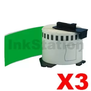 3 x Compatible Brother DK-22205 Black Text on Green Continuous Paper Label Roll 62mm x 30.48m