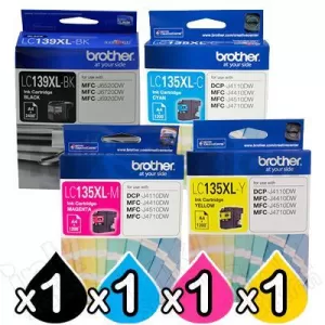 4 Pack Genuine Brother LC-139XL/LC-135XL High Yield Ink Combo [1BK+1C+1M+1Y]