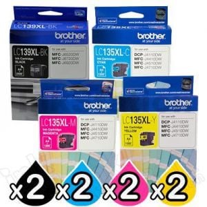 8 Pack Genuine Brother LC-139XL/LC-135XL High Yield Ink Combo [2BK+2C+2M+2Y]